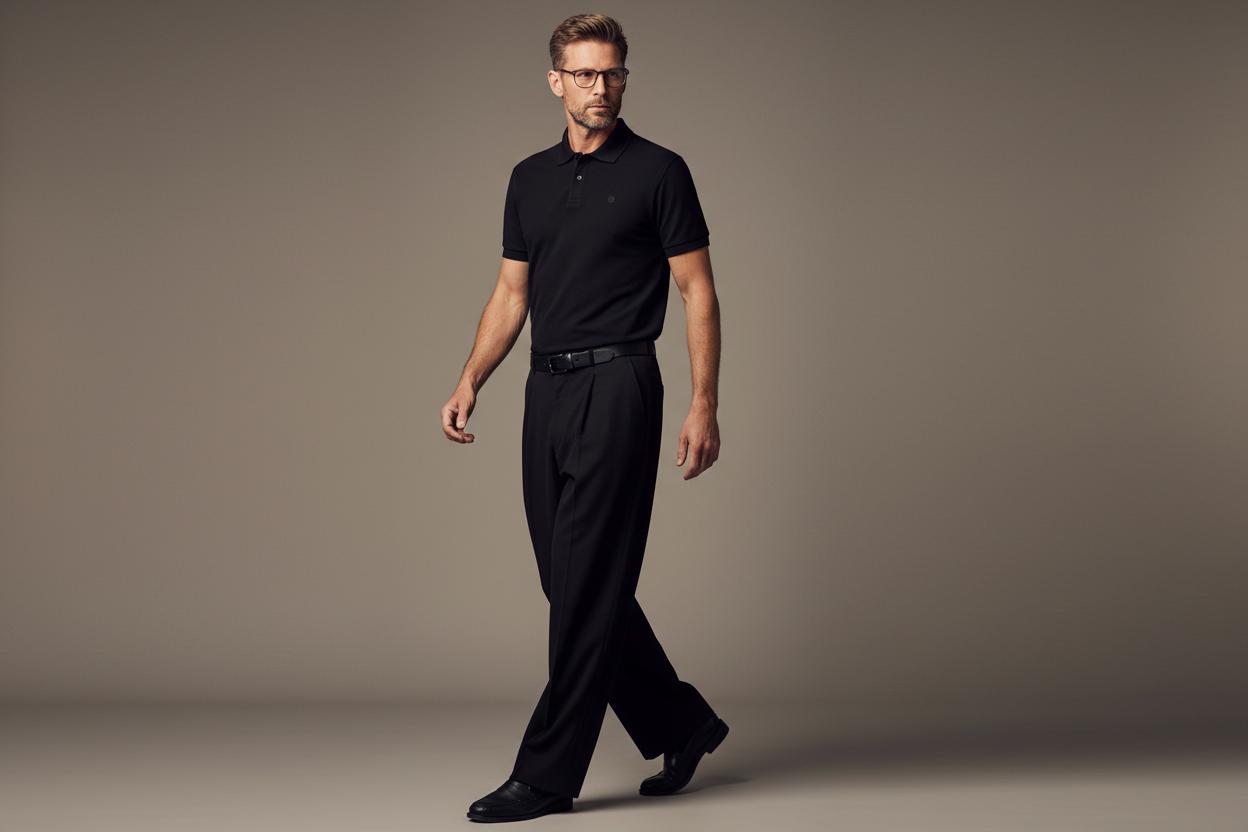 Poloshirt, weite Stoffhose, Lederschuhe – und fertig ist der minimalistische All-Black-Look für den Herren. Mann trägt Poloshirt, weiter Stoffhose und Lederschuhe im minimalistischen All Black Look