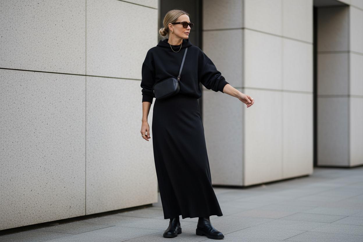 Streetstyle in All-Back versprüht Coolness und Stilbewusstsein zugleich. Monochromer Streetstyle komplett in Schwarz, Frau trägt schwarzen Maxirock, Chelsea Boots und Hoodie