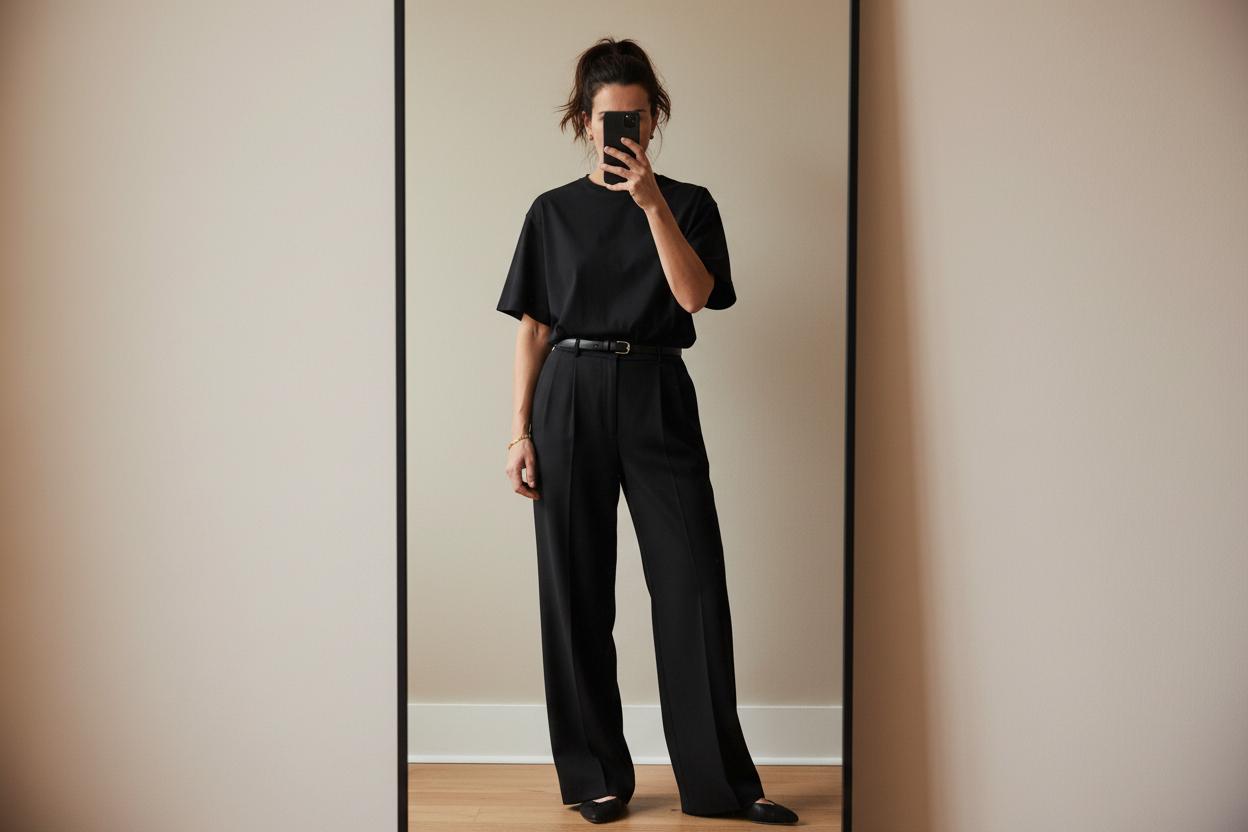 All Black Outfit für das Büro: schwarze weite Stoffhose mit Baumwollshirt und dezentem Gürtel All Black Outfit für das Büro - schwarze weite Stoffhose mit Baumwollshirt und dezentem Gürtel