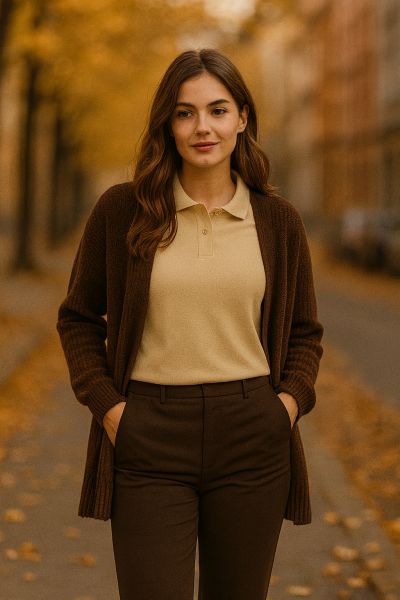 Frau in beigem Poloshirt, braunem Cardigan und Chinohose steht im goldenen Herbstlicht, eleganter Business-Casual-Look.
