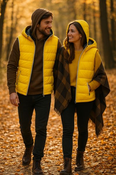 Junges Paar mit gelben Steppwesten spaziert durch herbstlichen Park, kombiniert mit Braun- und Erdtönen, moderner Outdoor-Look.