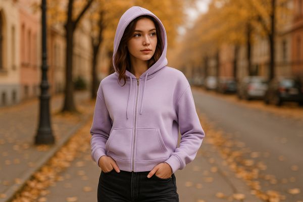 Junge Frau trägt fliederfarbenen Hoodie und schwarze Jeans in urbaner Herbstkulisse, moderner Streetstyle in sanftem Lila.