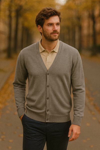Mann trägt grauen Cardigan über beigem Poloshirt und marineblauer Hose, eleganter Herbstlook für Büro und Freizeit.