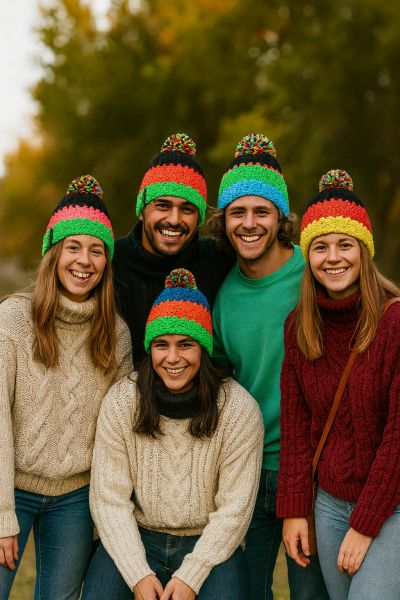 Gruppe junger Menschen mit bunten Strickmützen und groben Strickpullovern lacht im Park, fröhliche Herbstmode mit Chunky Knit Look.