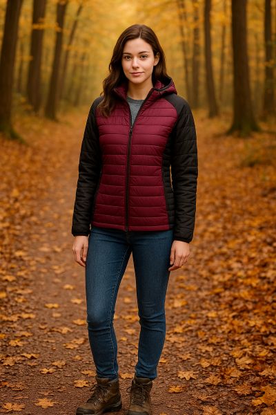 Gestepptes Herbstjacken-Design – warm, leicht und stylisch. Frau in gestepptem bordeauxfarbenem Herbstmantel mit schwarzen Ärmeln im Park.