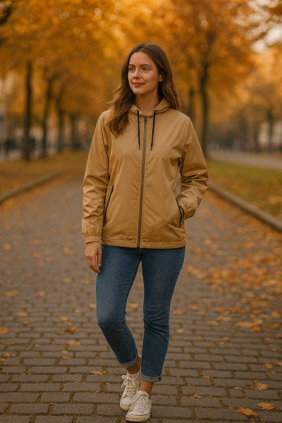 Windjacke in Beige und Schwarz – modischer Schutz vor Wind und Wetter. Frau trägt eine beige-schwarze Windjacke mit Kapuze und Jeans in einer herbstlichen Stadtlandschaft.