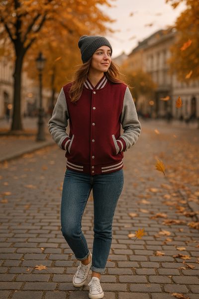 Collegejacke im Vintage-Stil – sportiv und modern kombiniert. Junge Frau trägt eine bordeauxfarbene Collegejacke mit grauen Ärmeln im urbanen Umfeld.
