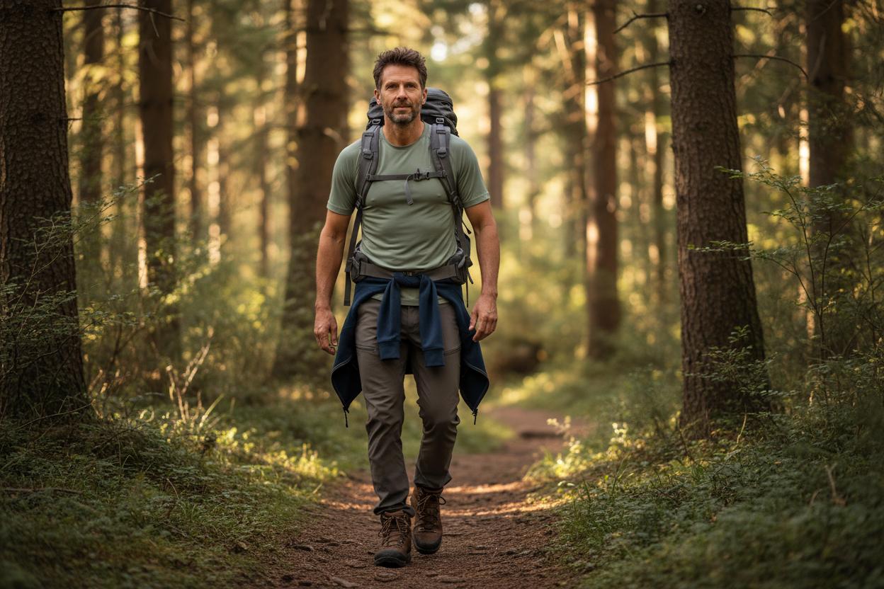 Funktionsshirts leiten die Feuchtigkeit aktiv von der Haut nach außen. Mann wandert durch einen Wald und trägt die passende Wanderbekleidung: Funktionsshirt, lange Trekkinghose und robuste Wanderschuhe