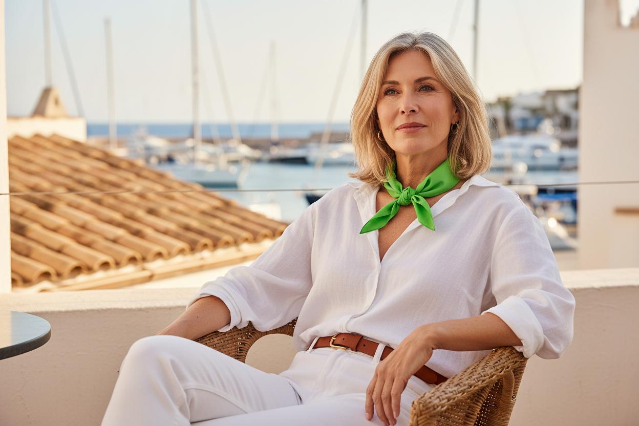 Frau ganz in Weiß gekleidet trägt ein Dreieckstuch in der sommerlichen Modefarbe Limettengrün