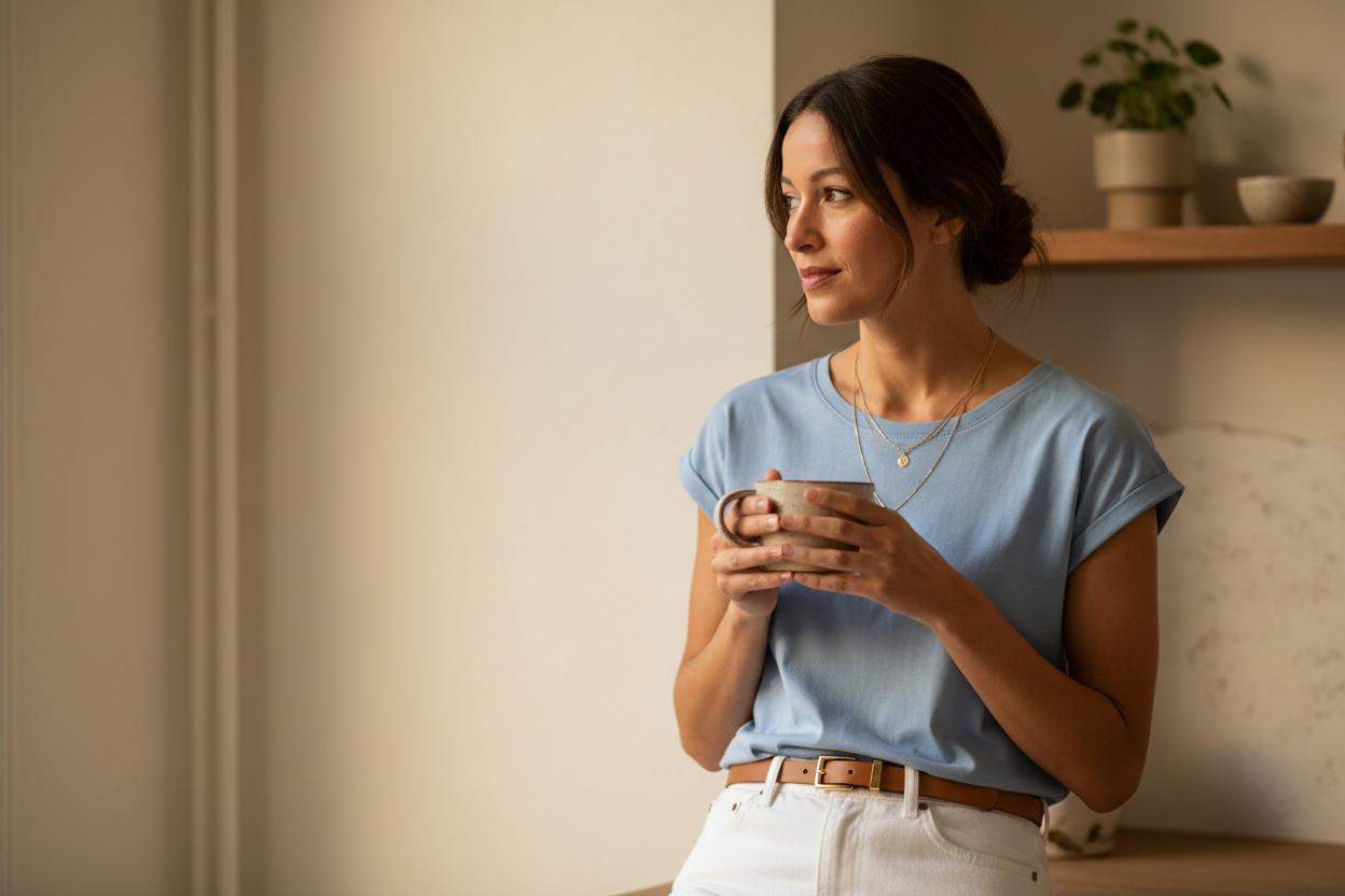 Frau trägt die Trendfarbe Frühling/Sommer 2026 Puderblau als T-Shirt