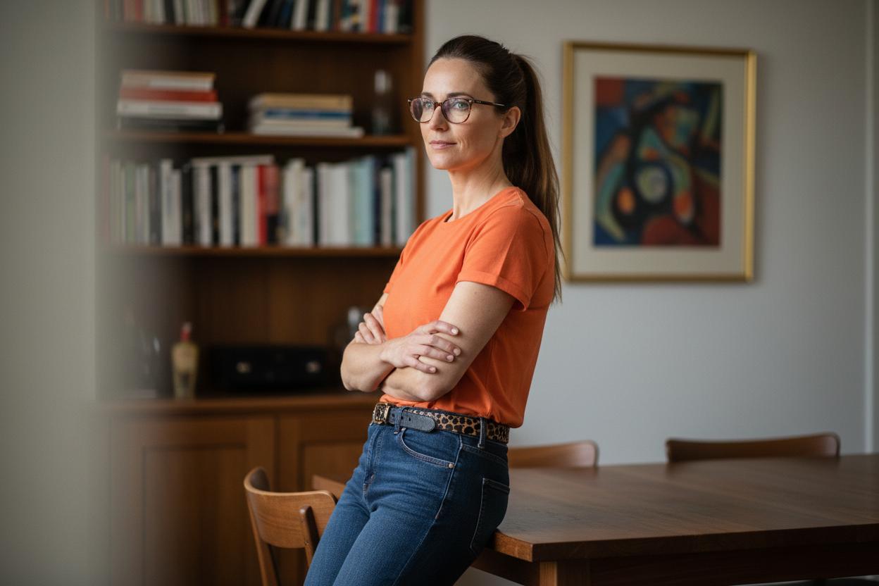 Frau trägt T-Shirt in der Modefarbe Madarin-Orange zur dunkelblauen Jeans mit einem Gürtel in Leo-Muster