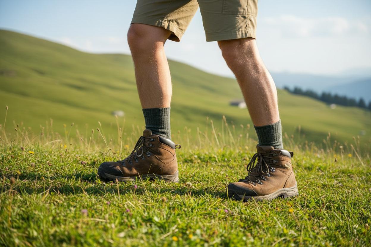 Wandersocken sollten stets länger als die Schafthöhe des Schuhs sein, um unangenehme Reibung zu vermeiden. Mann trägt Wandersocken mit Polsterung und robuste Wanderschuhe