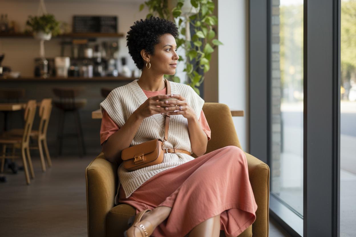 Frau sitzt im Kaffee, sie trägt ein Freizeitkleid in Coral mit Strick-Cardigan