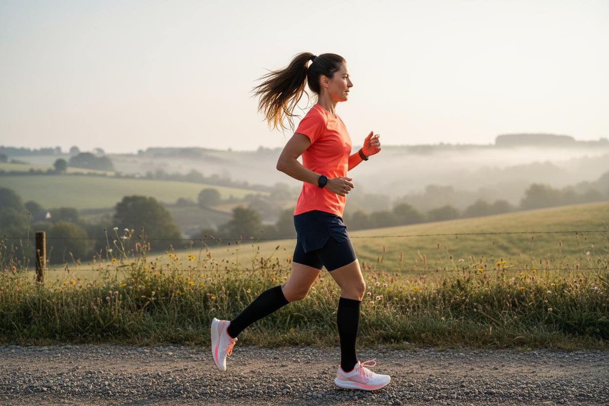 Frau joggt über einen Feldweg, gekleidet mit 2-in-1-Shorts, Performance-Shirt in Coral und schwarzen Kompressionssocken