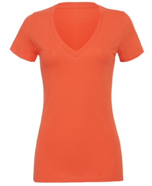 Bella Womens Jersey Deep V-Neck T-Shirt Coral