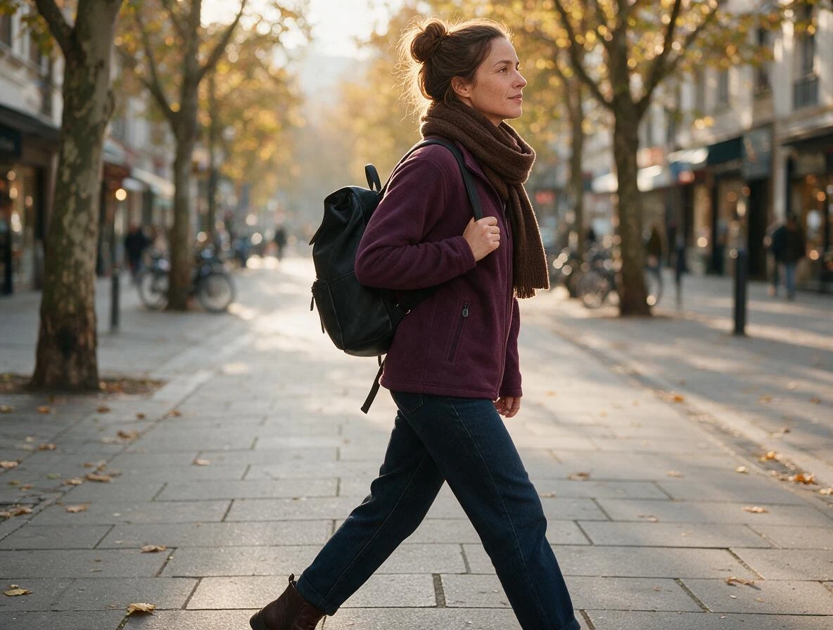 Weiche Fleecejacke in der Trendfarbe Aubergine. Frau trägt Fleecejacke in der Trendfarbe Aubergine zu dunkelblauer Jeans