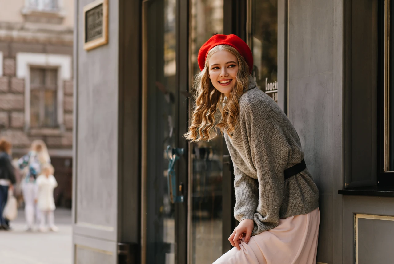 Nutzen Sie kräftige Herbstfarben als Farbtupfer. Kräftige Herbstfarben als Farbtupfer: Frau kombiniert als Herbst-Look rote Mütze zum neutralen Outfit in Grau und Puder.
