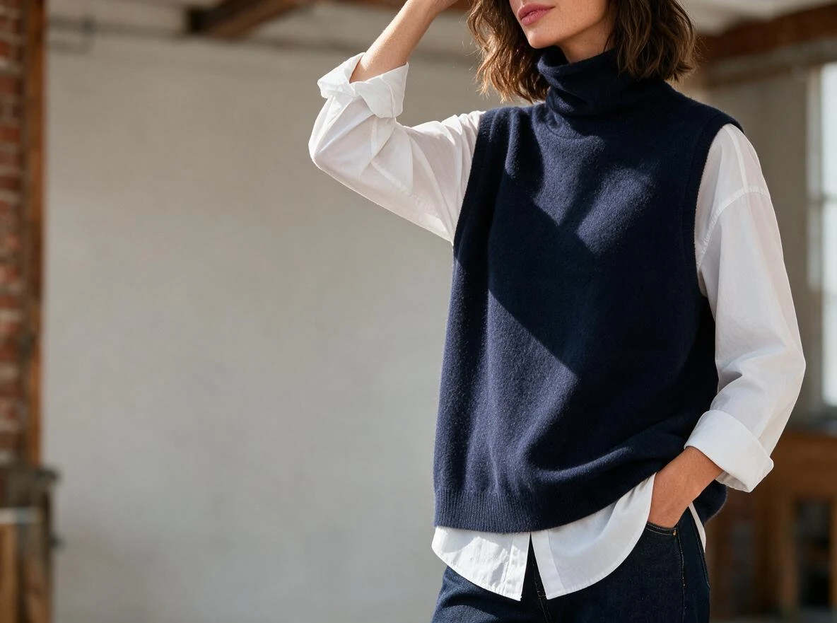 Frau trägt ärmellosen Rollkragenpullover  über einer weißen Bluse in Kombination mit dunkelblauer Jeans