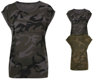 BY112 Build Your Brand Ladies Camo Extended Shoulder Camo Tee