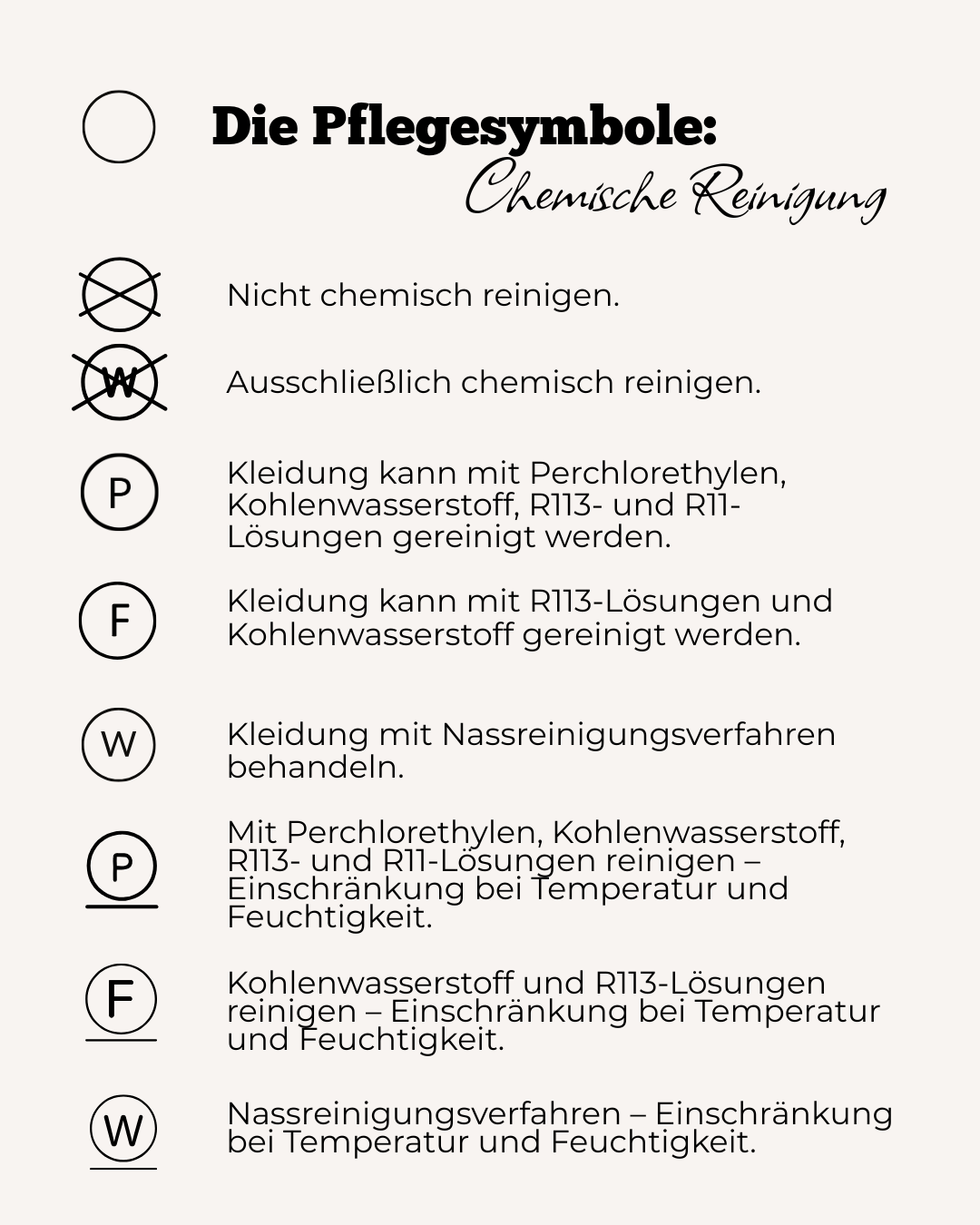 Pflegesymbole Chemische Reinigung, professionelle Textilreinigung