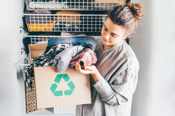 Junge Frau mit voller Kleidung der Recyclingbox