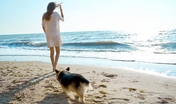 Frau im T-Shirt-Kleid und mit Hund am Strand 