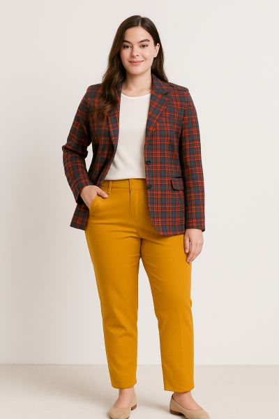 Karo-Blazer mit Basic-T-Shirt und unifarbener Hose in gelb