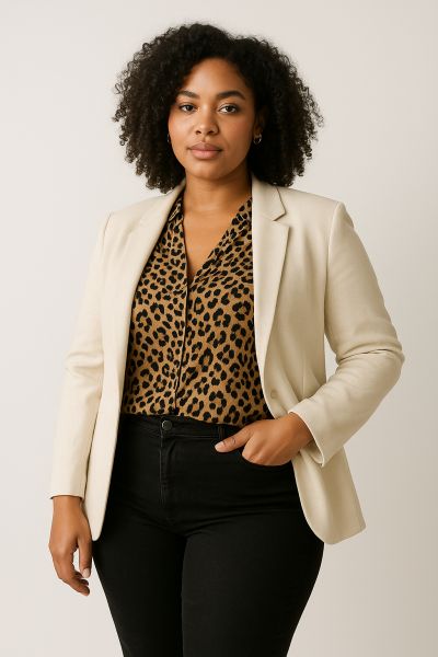 Leoprint-Styling: Model trägt Leo-Print Bluse mit schwarzer Jeans und cremefarbenem Blazer