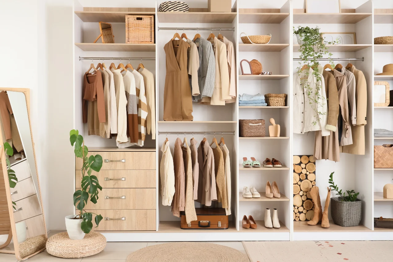 Perfekt sortiert: Jedes minimalistische Kleidungsstück findet seinen Platz. Ein offenes Schranksystem, sehr minimalistisch gehalten und die Kleidung mit erdigen Tönen.