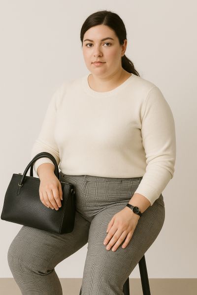  Glencheck-Hose mit unifarbenem weißem Pullover und schwarzen Accessoires