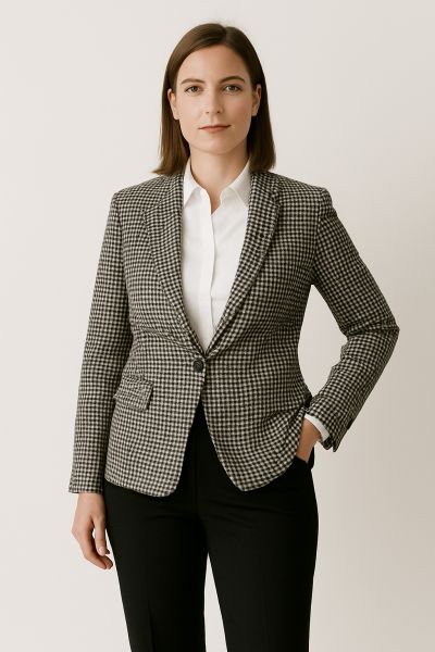 Outfit mit Blazer, weißer Bluse und schwarzer Hose, Business-Casual Stil