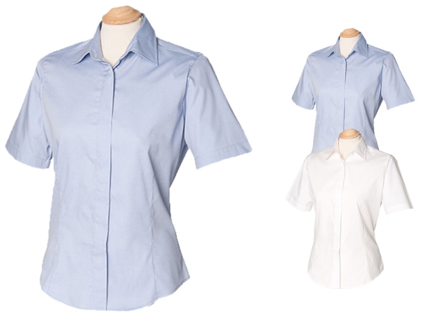 Henbury Ladies` Short Sleeved Pinpoint Oxford Shirt
