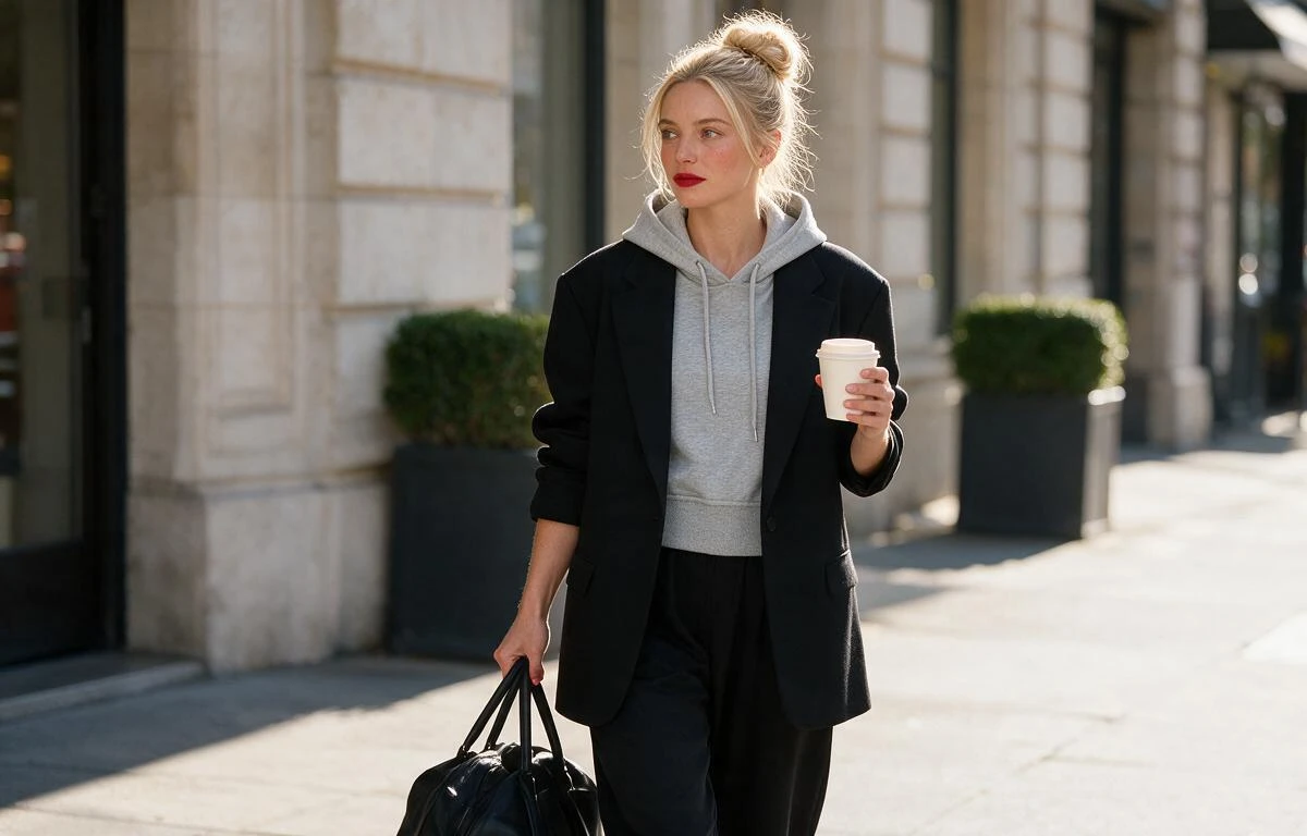 Blazer trifft auf Hoodie – gemütlicher Look für die Freizeit oder auf Reisen. Frau trägt Blazer lässig mit Hoodie