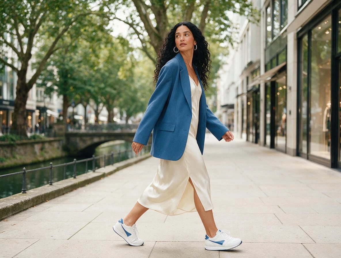 Kleid mit Blazer kombinieren? Auf jeden Fall. Blazer mit Silk-Dress und Sneaker stilsicher kombinieren