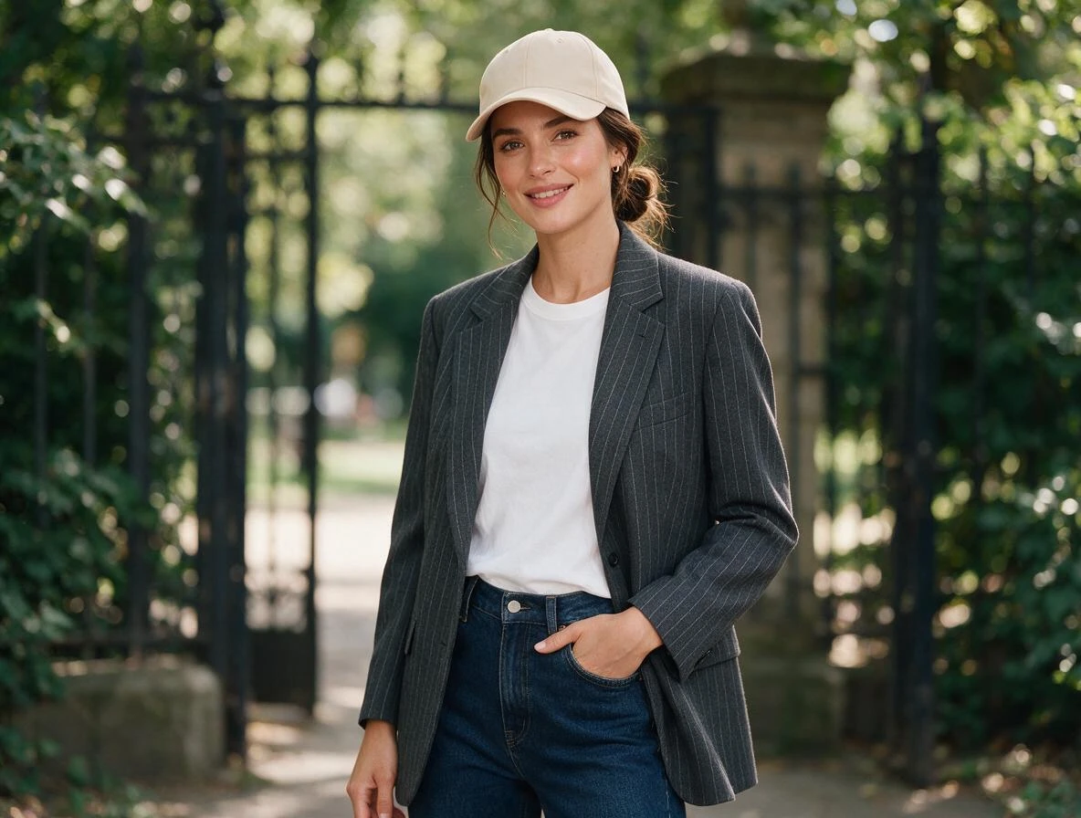 Nadelstreifen goes feminin! Kombiniert mit Shirt und Jeans wird der Blazer zum Alltags-Look. Frau trägt Nadelstreifen-Blazer mit T-Shirt, Jeans und Cap