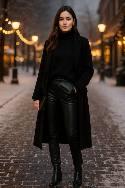 Frau im All-Black-Winteroutfit mit schwarzem Rollkragenpullover, Lederhose und Wollmantel auf verschneiter Straße