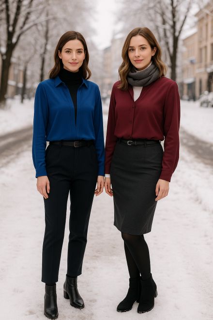 Zwei Frauen im Winteroutfit auf verschneiter Straße: eine trägt schwarzen Rollkragenpullover unter blauer Bluse mit Hose, die andere weißen Rollkragenpullover unter bordeauxfarbener Bluse mit Rock.
