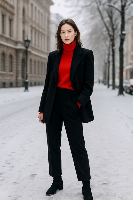 Frau im schwarzen Blazer mit rotem Rollkragenpullover, schwarzer Hose und Stiefeletten auf verschneiter Stadtstraße