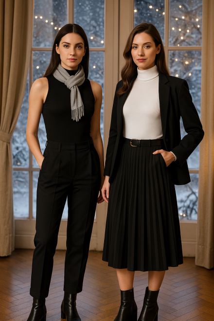 Zwei Frauen tragen den gleichen Body mit Rollkragen und ärmellos in weiß und schwarz. Sie sehen winterlich schick aus und sexy.