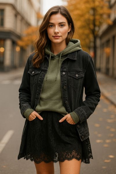 Stylischer Materialmix: Hoodie kombiniert mit Spitzenkleid. Modebewusste Frau trägt einen grauen Hoodie über einem schwarzen Spitzenkleid – stilvoller Layering-Look mit Materialmix aus Spitze und Sweatstoff.