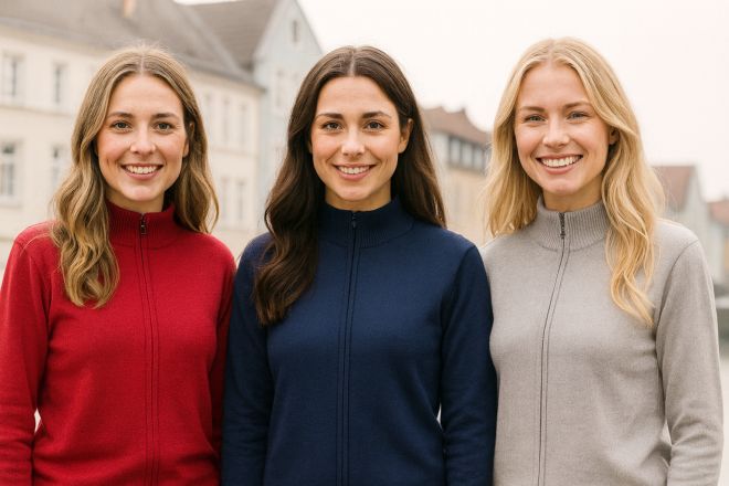 Drei junge Frauen im Winteroutfit mit Strickjacken in Rot, Blau und Grau, lächelnd vor Häuserkulisse
