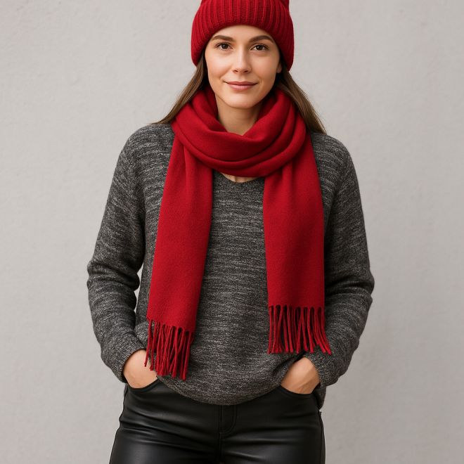 Frau im Winteroutfit mit grauem Strickpullover, schwarzer Lederhose und rotem Schal mit passender Mütze