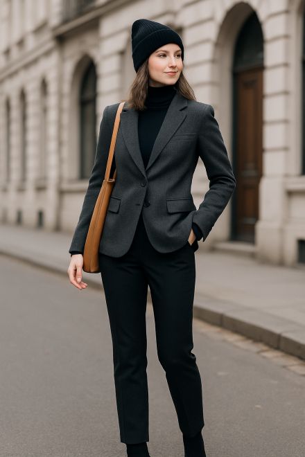 Frau in grauem Blazer mit schwarzem Rollkragenpullover, Businesshose und Strickmütze im winterlichen City-Look