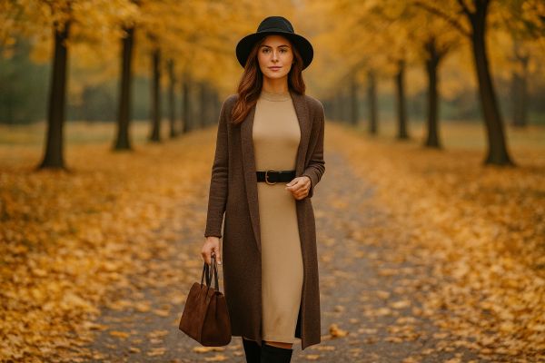 Herbstliches Maxikleid mit Strickjacke und Schal – warm und elegant kombiniert. Junge Frau trägt ein langes beiges Kleid mit Strickjacke, Schal und Stiefeln in einem goldenen Herbstpark.