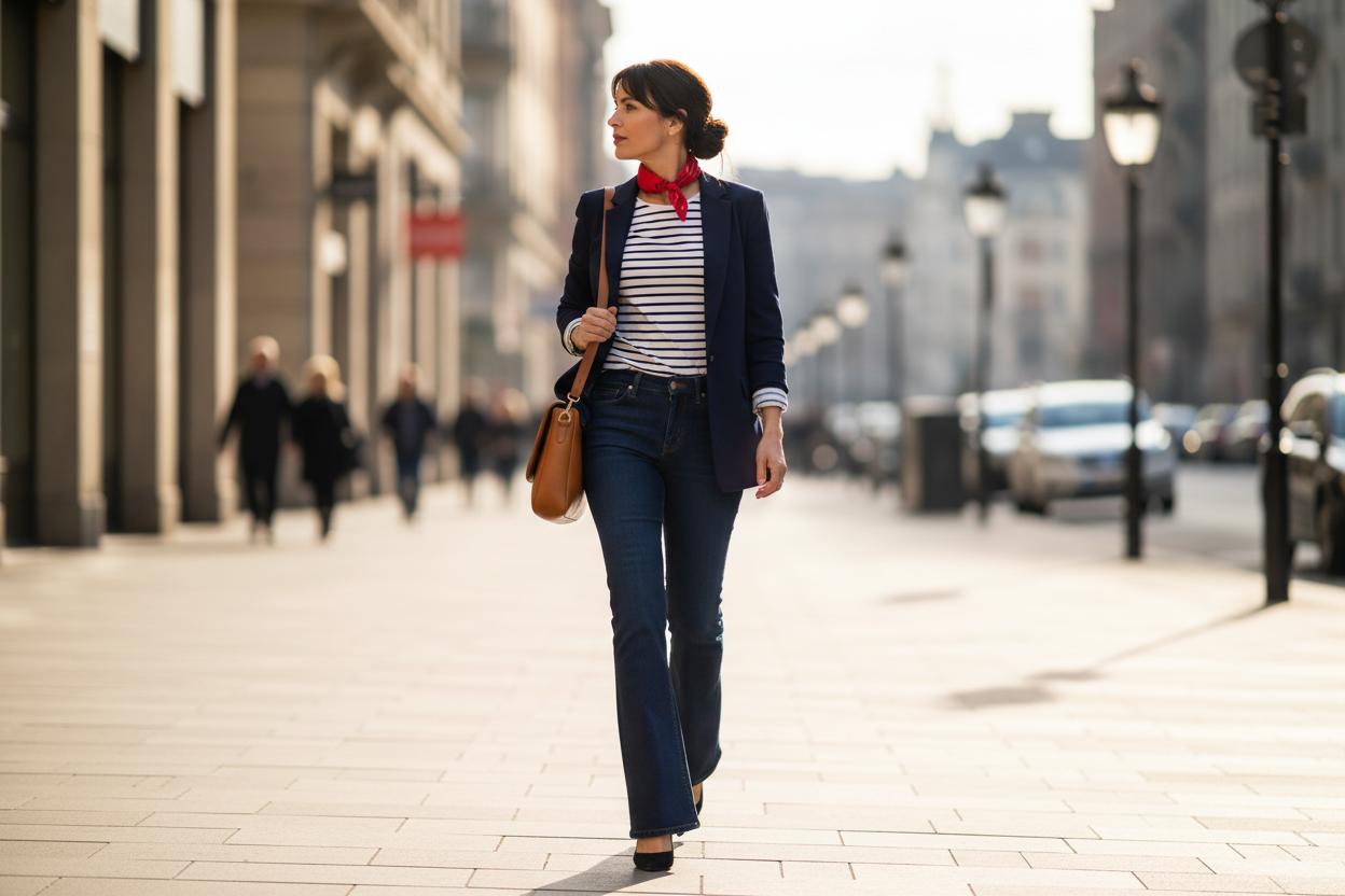 Frau läuft durch eine Großstadt, sie trägt dunkelblaue Jeans mit weiß-schwarz gestreiftem Longsleeve und Navy Blazer