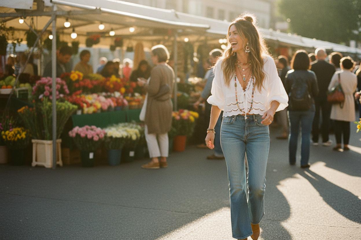 Frau läuft über einen Wochenmarkt. Sie ist im Boho-Stil mit weißer Bluse und Jeans gekleidet