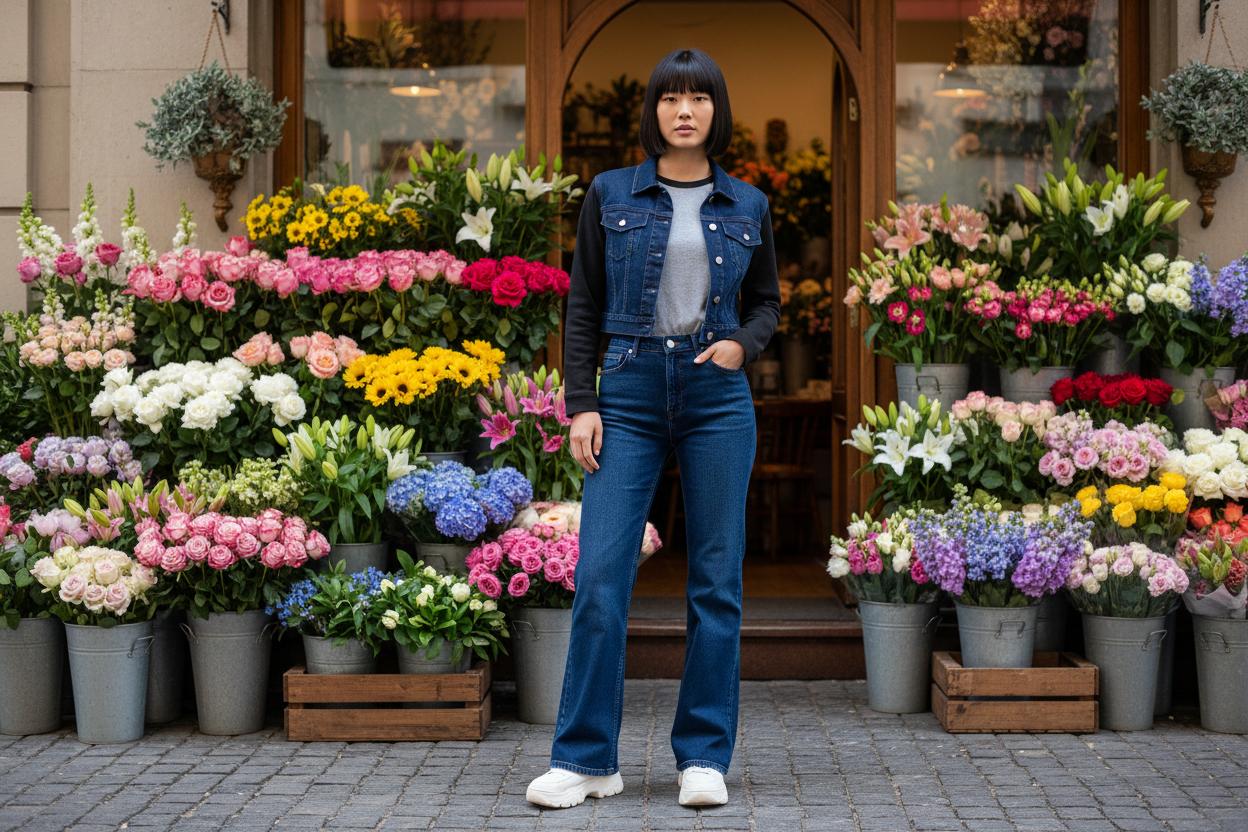 Bootcut Jeans in Streetstyle mit kurzer Jeansjacke in Dark Denim kombiniert.