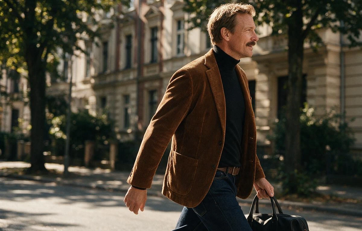 Herbst-Liebling: Cord-Sakko in Braun mit Rollkragenpulli und dunkler Denim. Mann trägt ein Cord-Sakko in Braun zur einer dunkelblauen Jeans und hält ein Weekender in der Hand