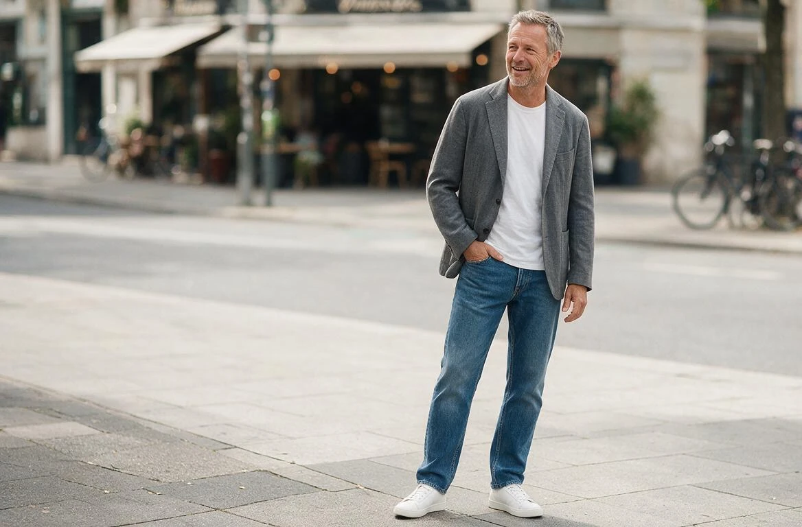 Lässige Kombination: Graues Sakko mit weißem Shirt und Jeans. Sakko in Hellgrau in Kombination mit Jeans mit Waschung