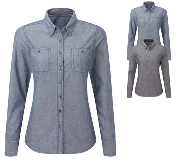 PW347 Premier Workwear Damen Bluse Langarm Chambray aus Fairtrade-zertifizierter Baumwolle